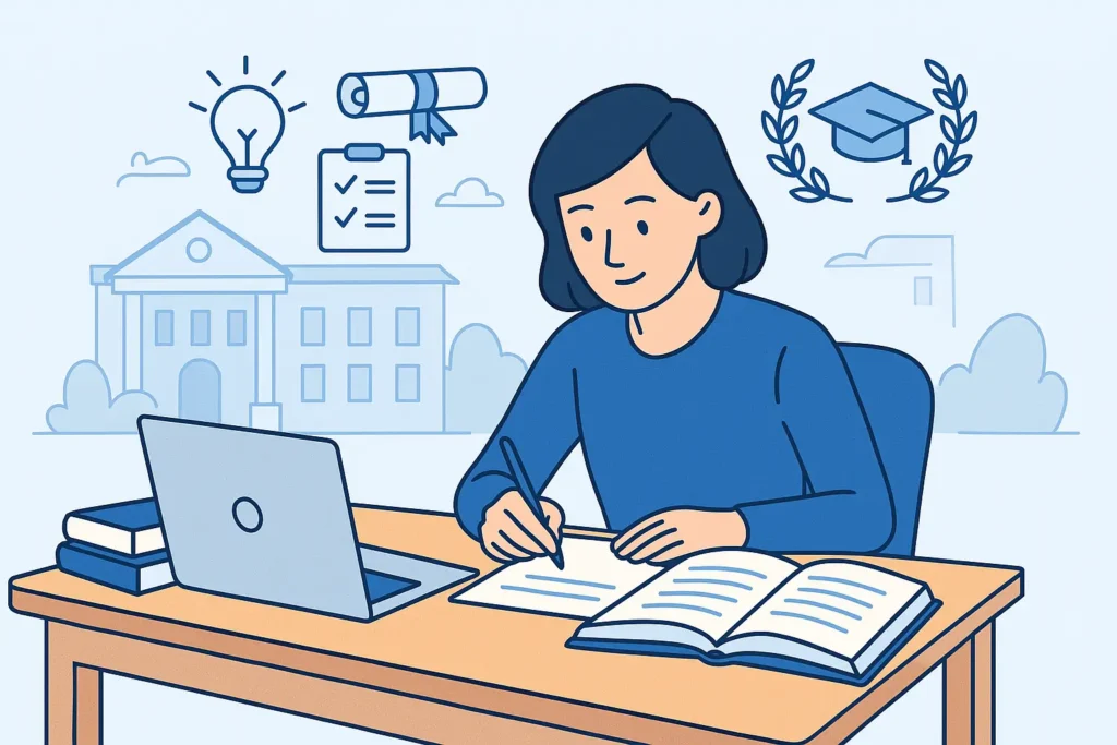 Ilustración académica de un estudiante universitario redactando su Trabajo Fin de Grado en su mesa de escritorio, con libros, portátil y fondo de universidad