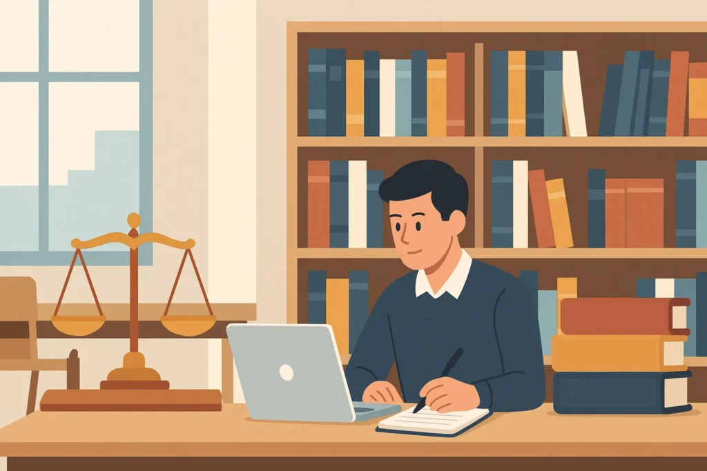 Estudiante de Derecho en biblioteca con balanza de justicia y libros jurídicos