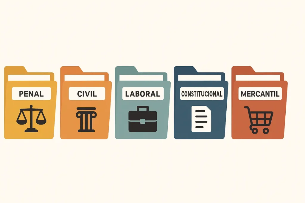 Iconos planos representando Derecho penal, civil, laboral, constitucional y mercantil
