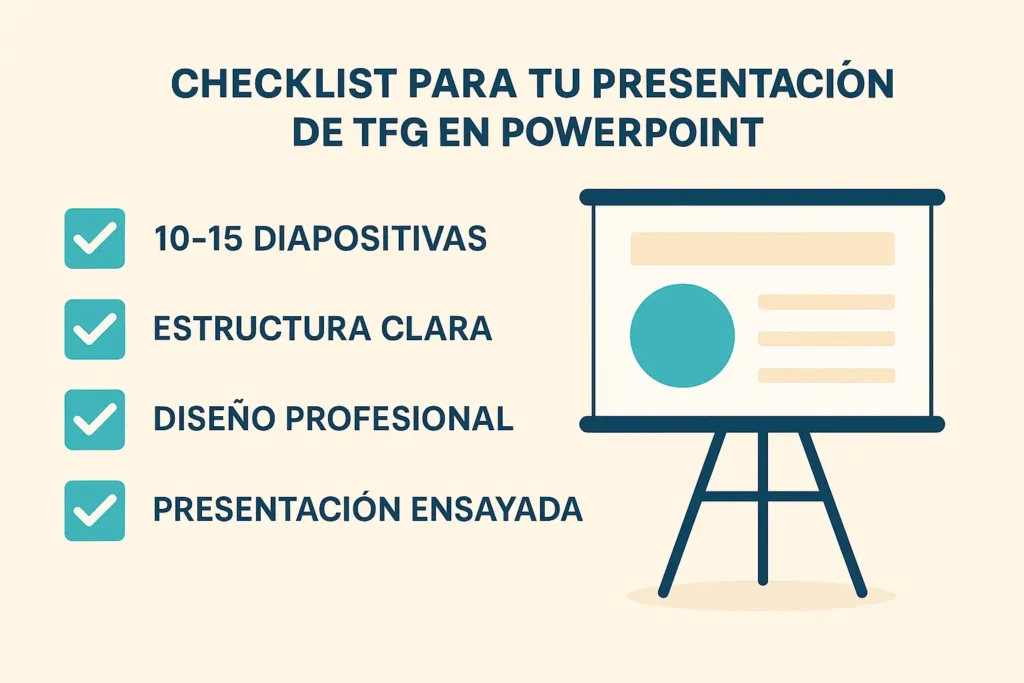 Ilustración con checklist: 10-15 diapositivas, estructura clara, diseño profesional y presentación ensayada.