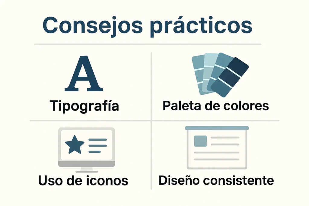 Infografía flat con tips de diseño para presentaciones académicas: tipografía, paleta de colores, iconos y diseño consistente