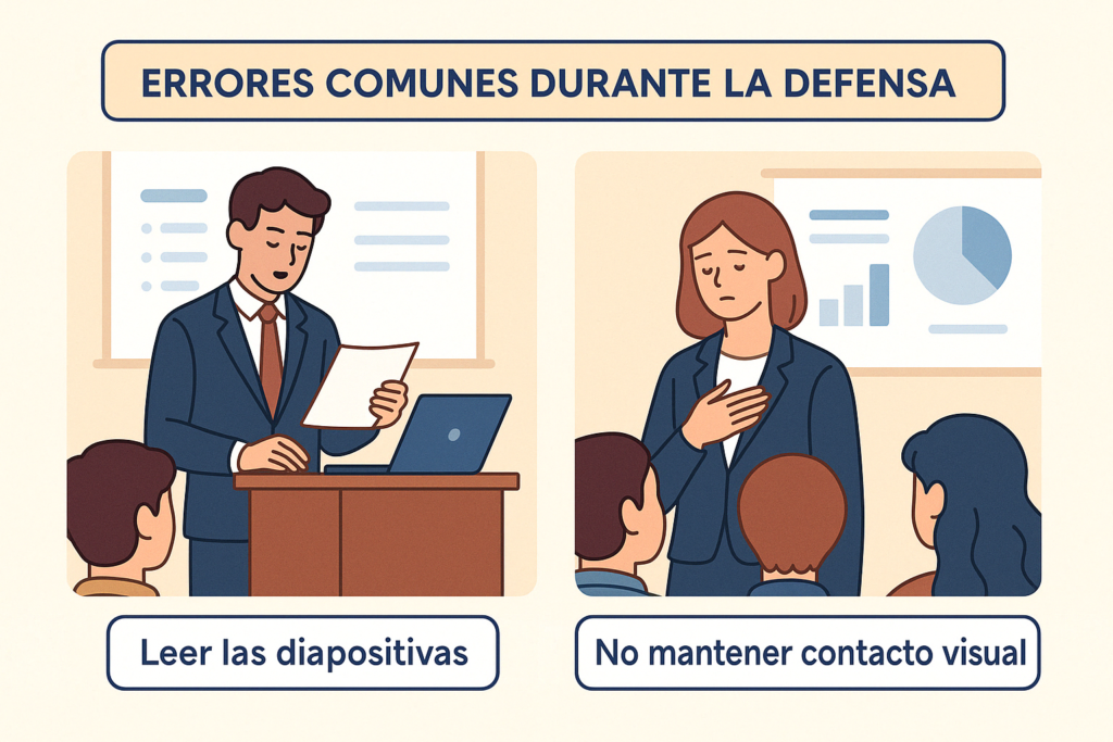 Ilustración con ejemplos de errores frecuentes en la defensa del TFG como leer las diapositivas y evitar el contacto visual