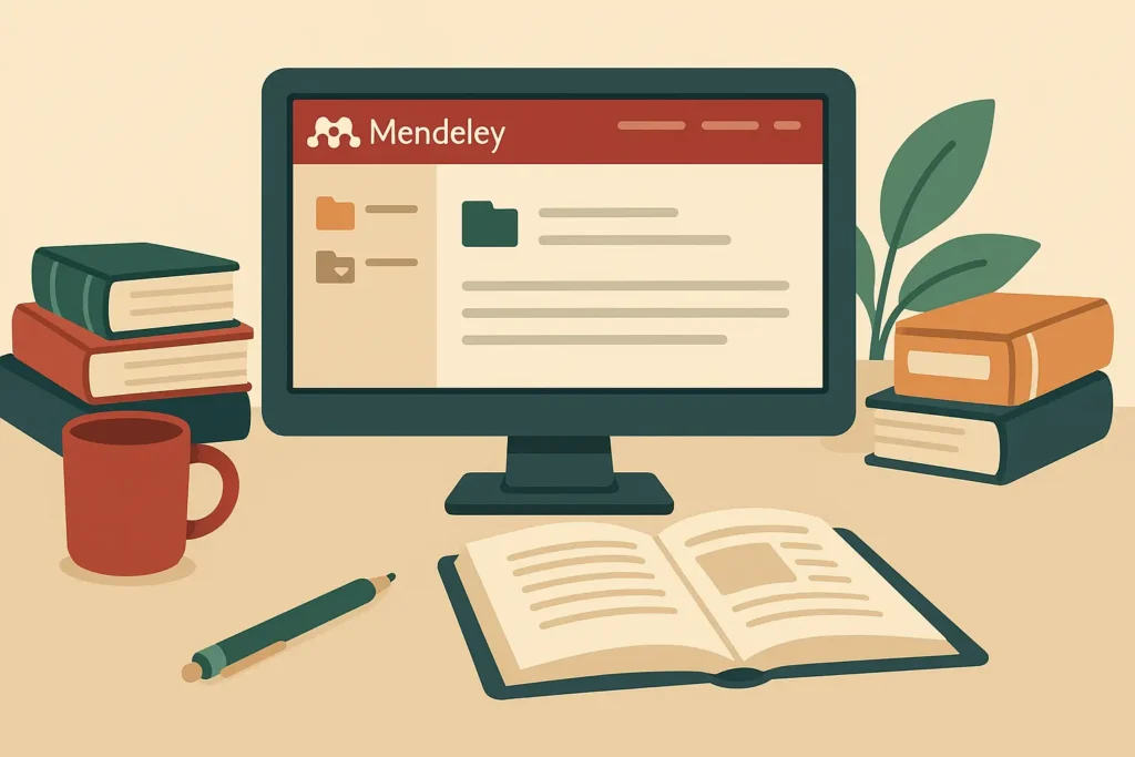 Ilustración de escritorio minimalista con monitor mostrando Mendeley, taza de café, libros y planta decorativa