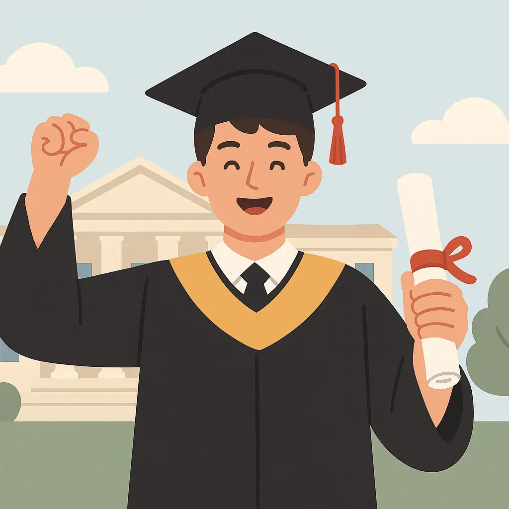 Alumno con toga y diploma celebrando la aprobación de su Trabajo de Fin de Grado