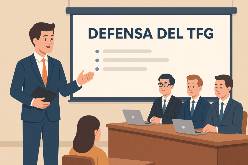 Ilustración de un estudiante presentando su TFG frente a un tribunal con proyector y panel académico