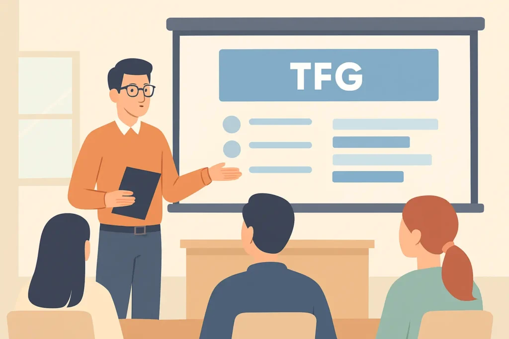 Ilustración flat de un estudiante universitario presentando su TFG con PowerPoint en una pantalla grande frente a compañeros