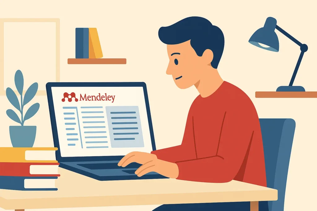 Ilustración de un estudiante usando Mendeley en su portátil, rodeado de libros en un entorno académico moderno