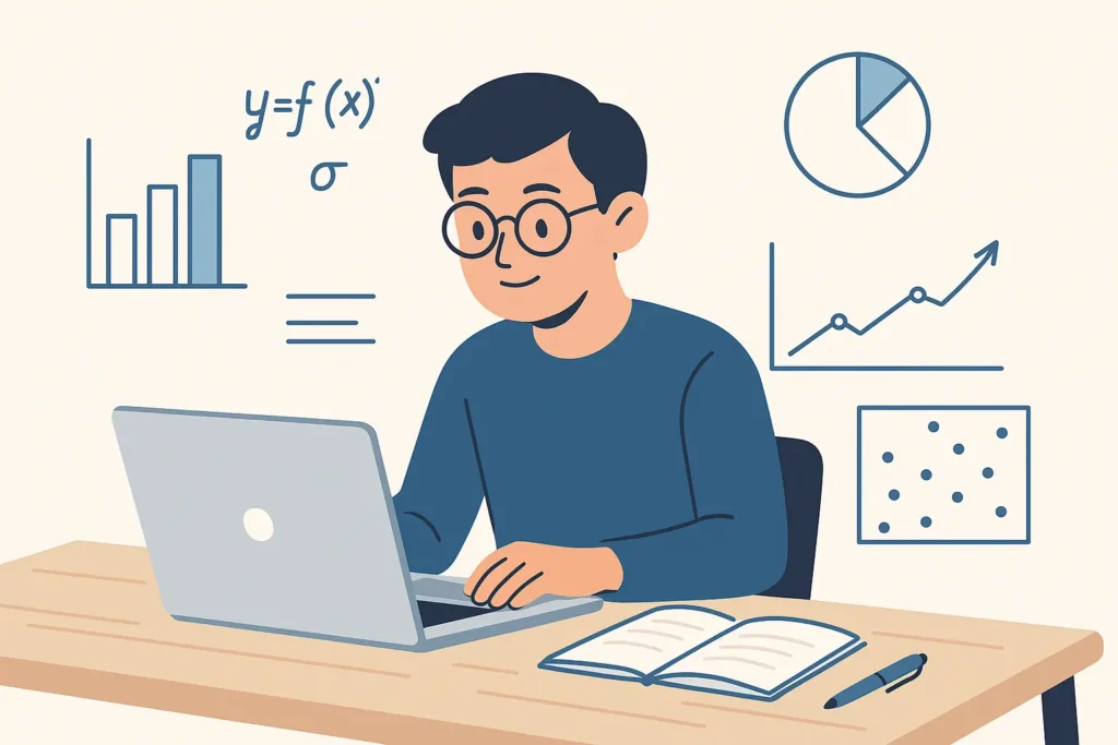 Ilustración flat de un estudiante trabajando en análisis cuantitativo con gráficos estadísticos alrededor, en un entorno académico