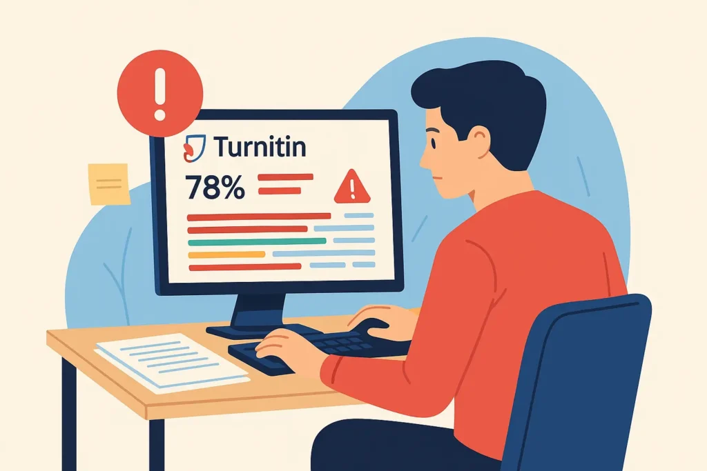 Estudiante revisando su TFG en Turnitin con alertas de similitud