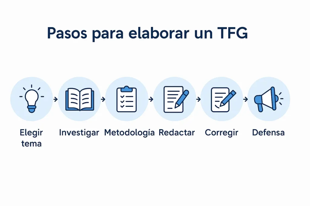 Ilustración en formato horizontal tipo roadmap con 7 pasos del TFG: elegir tema, investigar, metodología, redactar, editar, y defender