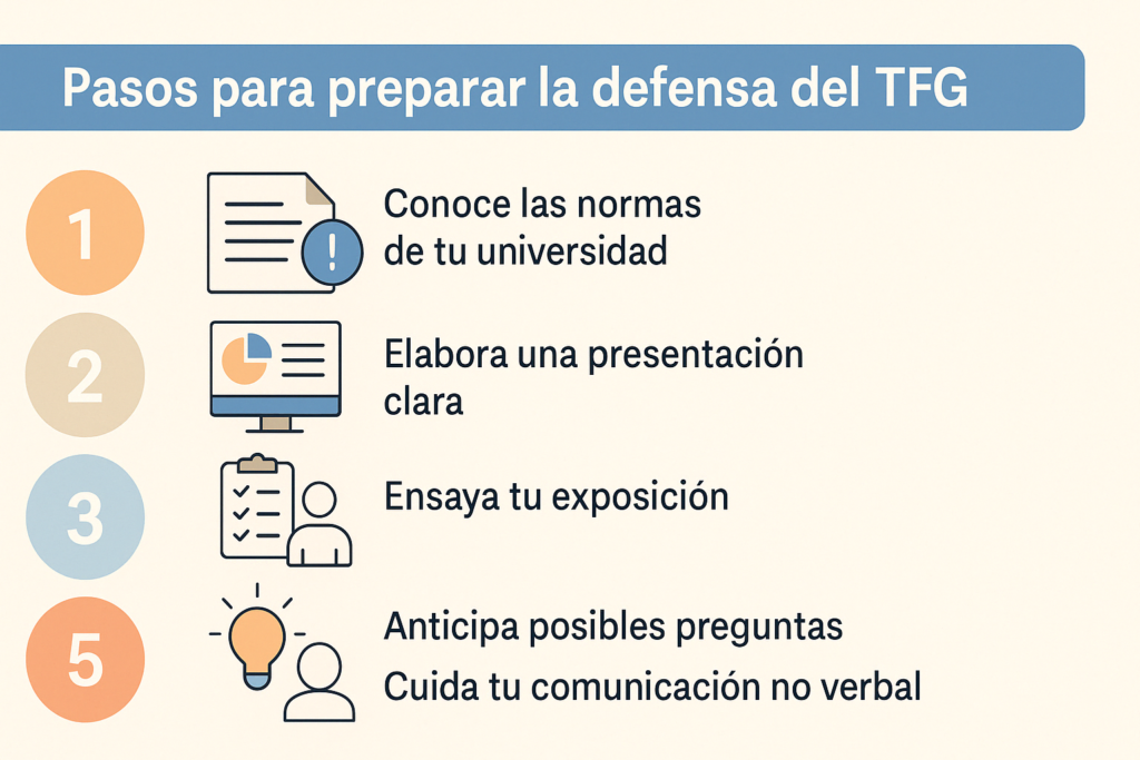 Infografía educativa con cinco pasos clave para preparar una defensa de TFG: normas, presentación, ensayo, preguntas y comunicación