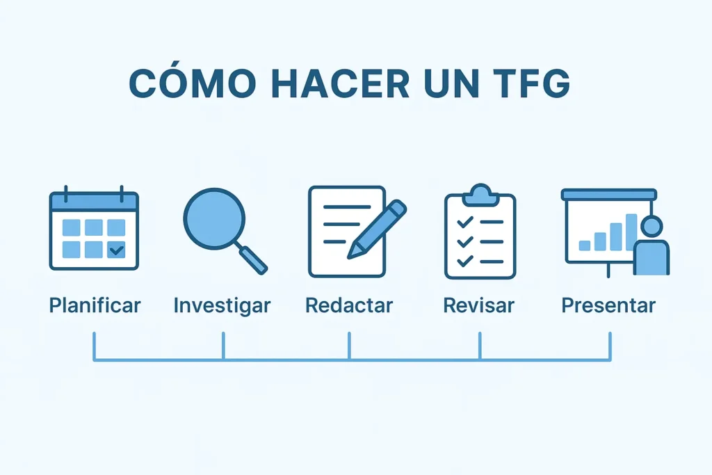 Infografía académica en estilo flat con 5 iconos clave sobre cómo hacer un TFG: planificar, investigar, redactar, revisar y presentar
