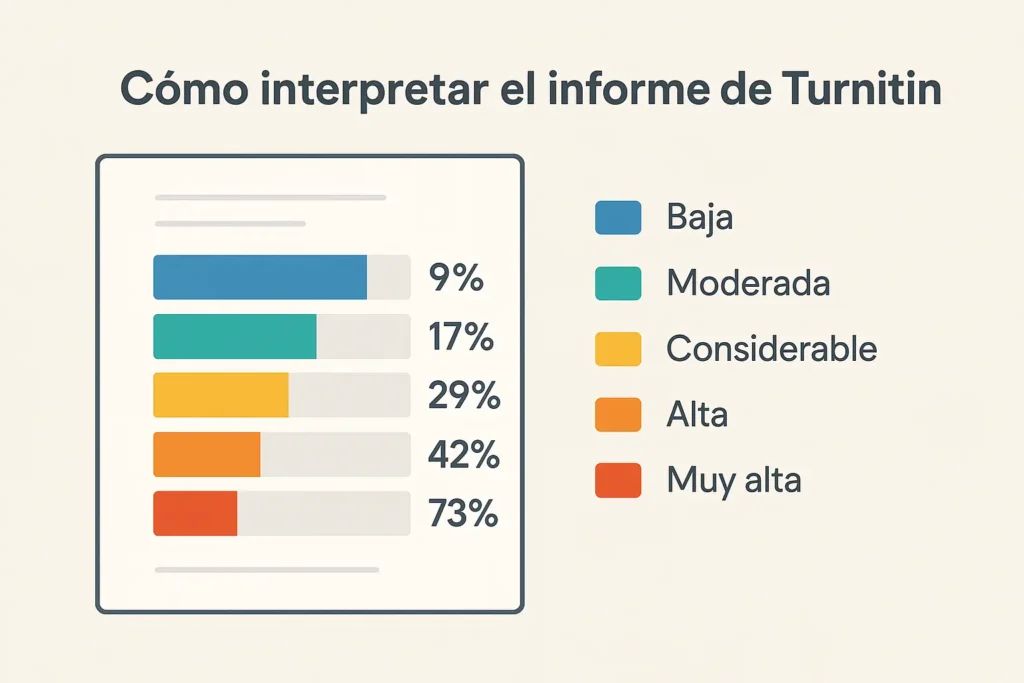 Infografía flat con leyenda de colores (azul, verde, amarillo, naranja y rojo) que representan los porcentajes de coincidencia en el informe de Turnitin, usada para explicar cómo interpretar los resultados.