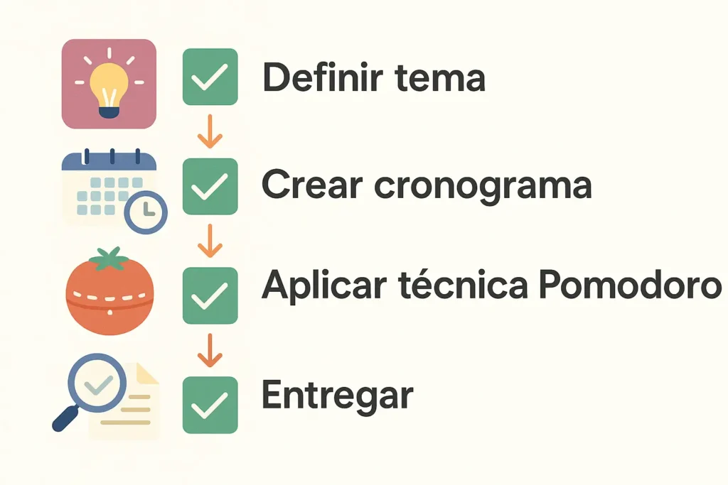 Ilustración con los pasos para planificar un TFG: definir tema, crear cronograma, aplicar técnica Pomodoro y entregar.