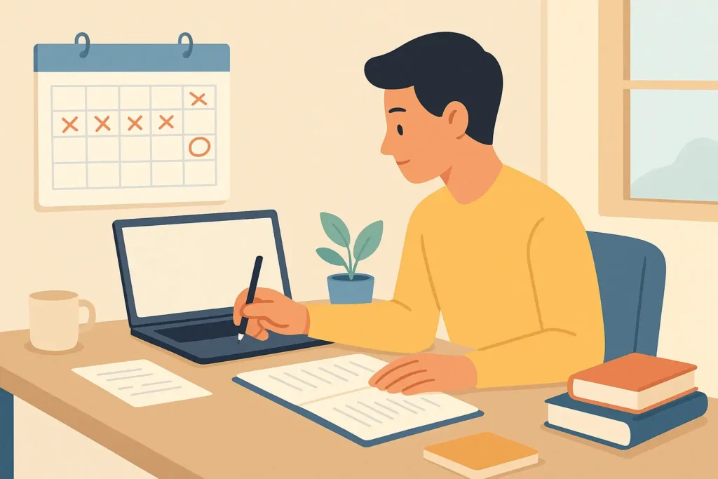 Estudiante universitario planificando su TFG con un calendario, portátil y apuntes sobre el escritorio.