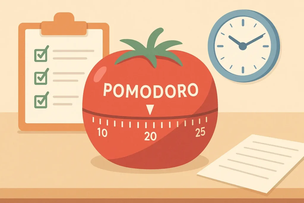 Temporizador Pomodoro en forma de tomate junto a una lista de tareas y un reloj de fondo.
