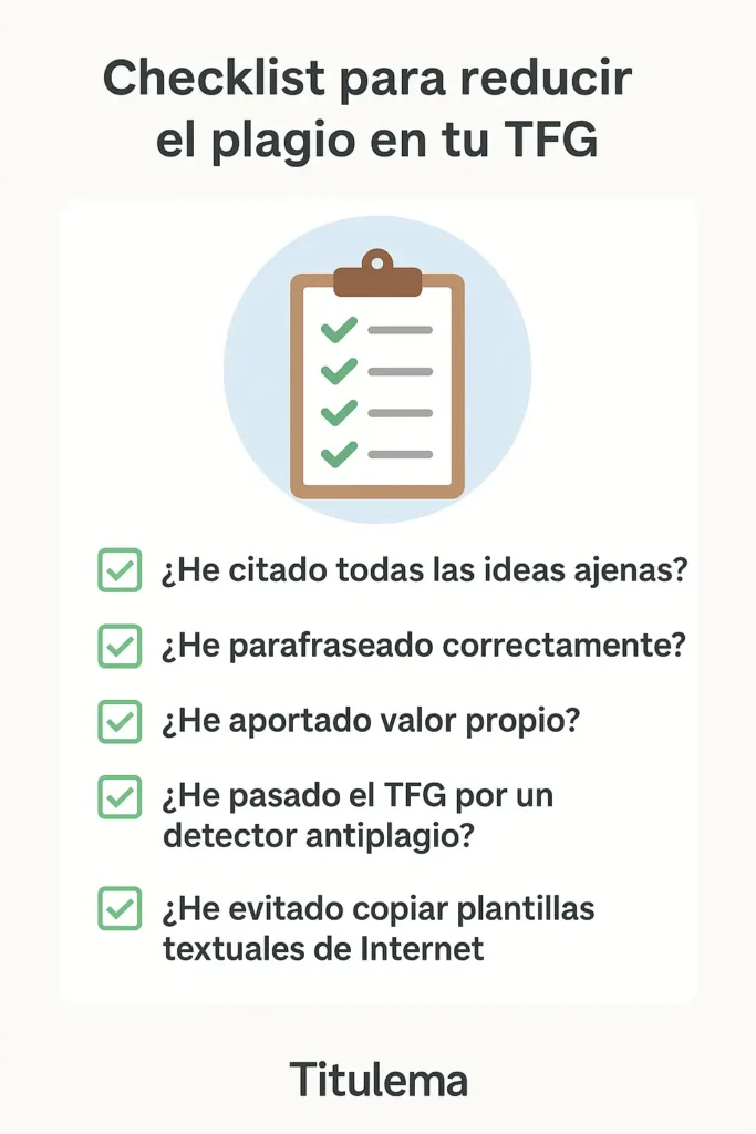 Checklist para reducir el plagio en el TFG con cinco ítems marcados: citas, parafraseo, valor propio, detector antiplagio y evitar plantillas.