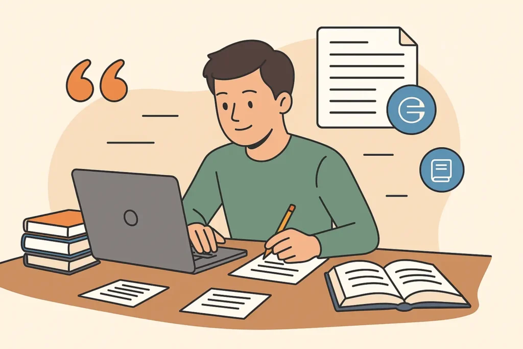 Estudiante universitario escribiendo en su portátil con libros y notas, representando el proceso de citar en un TFG según normas APA