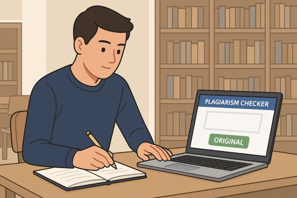 Estudiante concentrado en la biblioteca usando software antiplagio para su TFG, rodeado de libro
