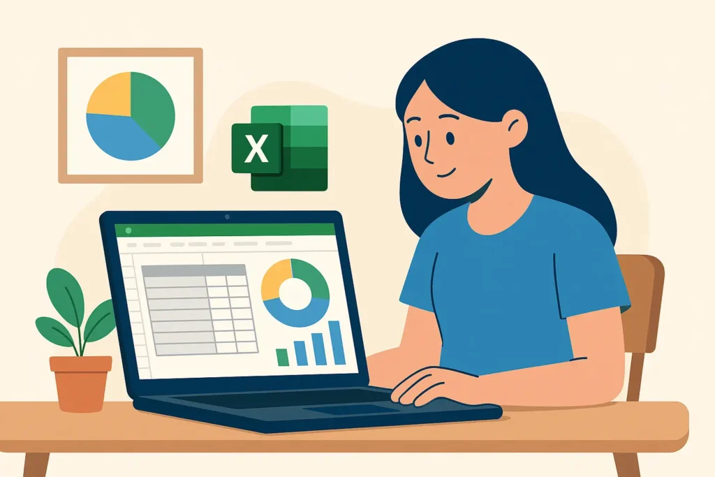 Estudiante universitaria usando Excel para analizar datos con gráficos circulares y tablas dinámicas en pantalla.


