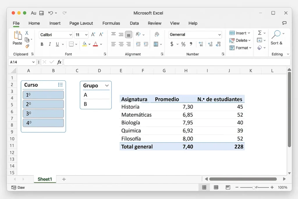Tabla dinámica en Excel con promedio de calificaciones por asignatura, incluyendo filtros por curso y grupo.