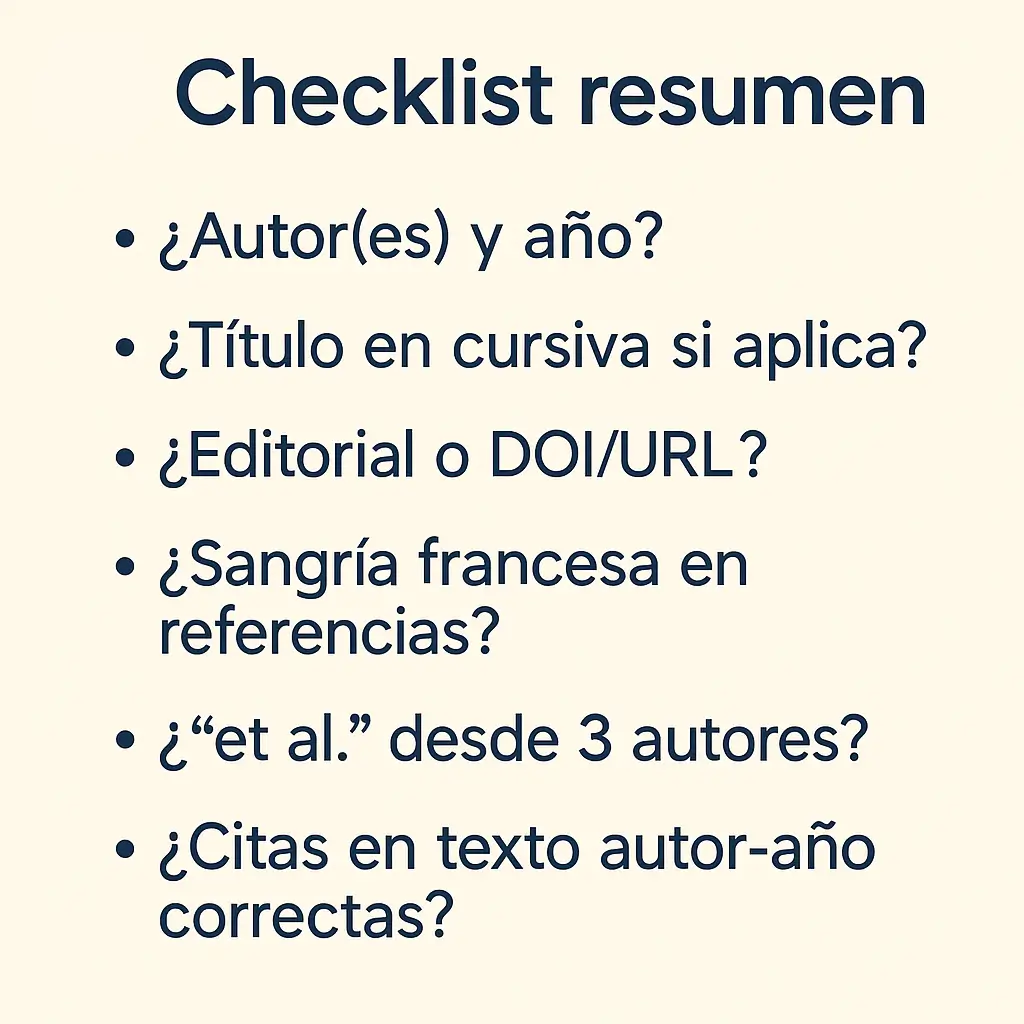 Checklist visual en español sobre el formato APA 7ª edición con ítems 