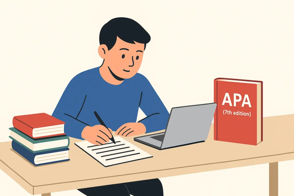 Estudiante escribiendo referencias en formato APA con libros, portátil y manual APA 7.