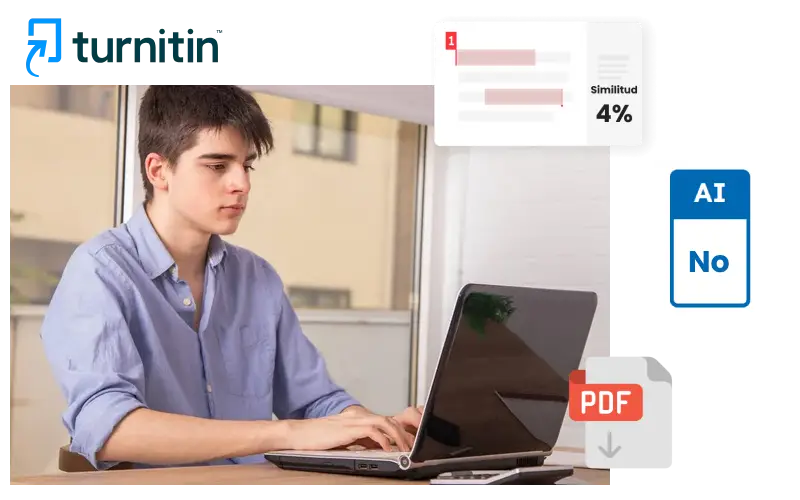 Un hombre frente a una laptop, con la palabra Turnitin destacada en la pantalla
