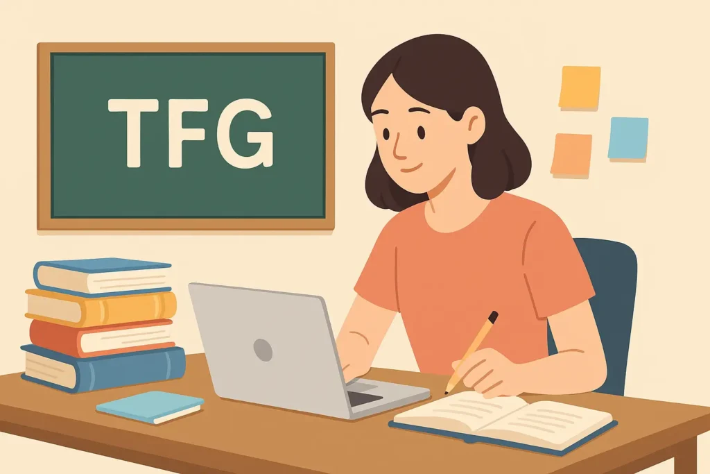 Estudiante universitaria trabajando en su TFG rodeada de libros, portátil y pizarra con “TFG” escrito.