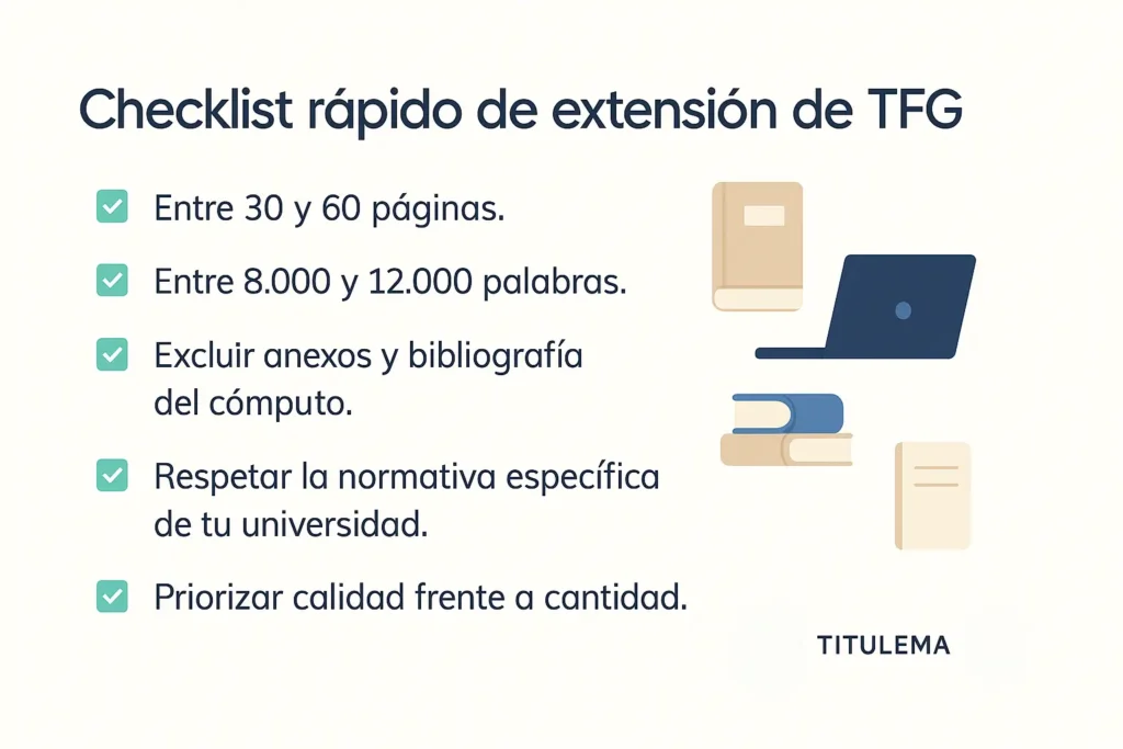 Checklist académico con iconos sobre la extensión recomendada de un TFG en páginas y palabras