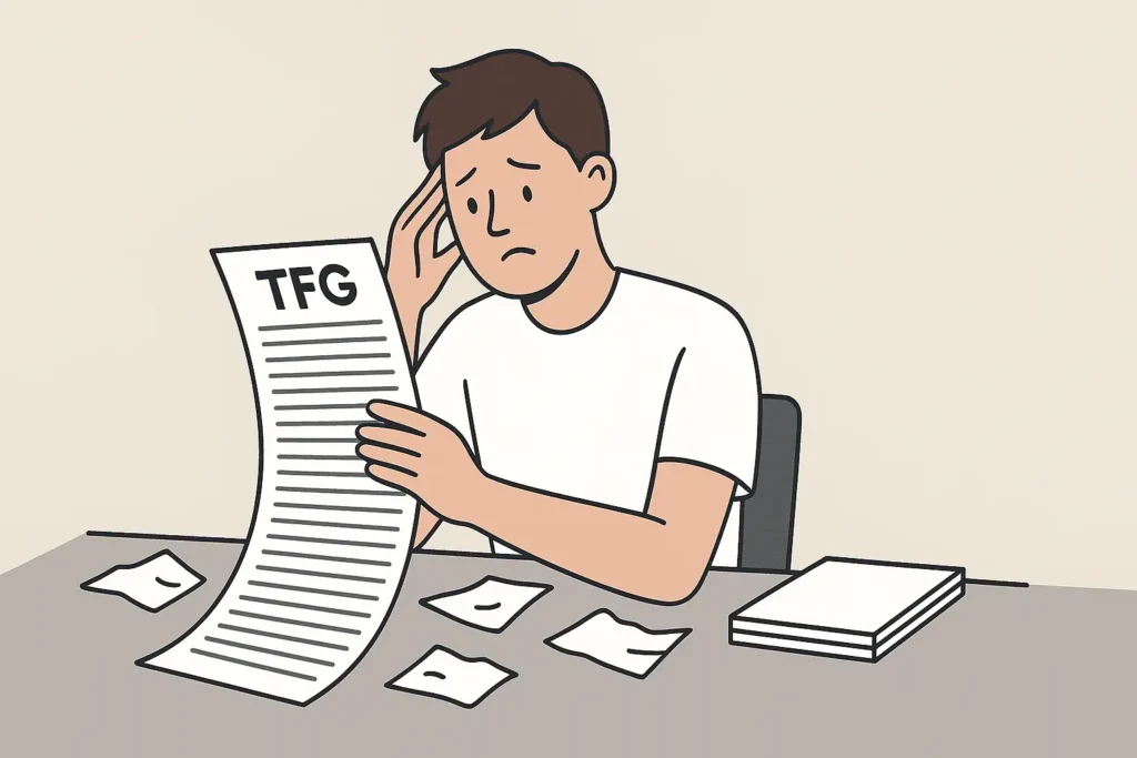 Alt: Ilustración de estudiante preocupado por tener un TFG demasiado largo rodeado de papeles
