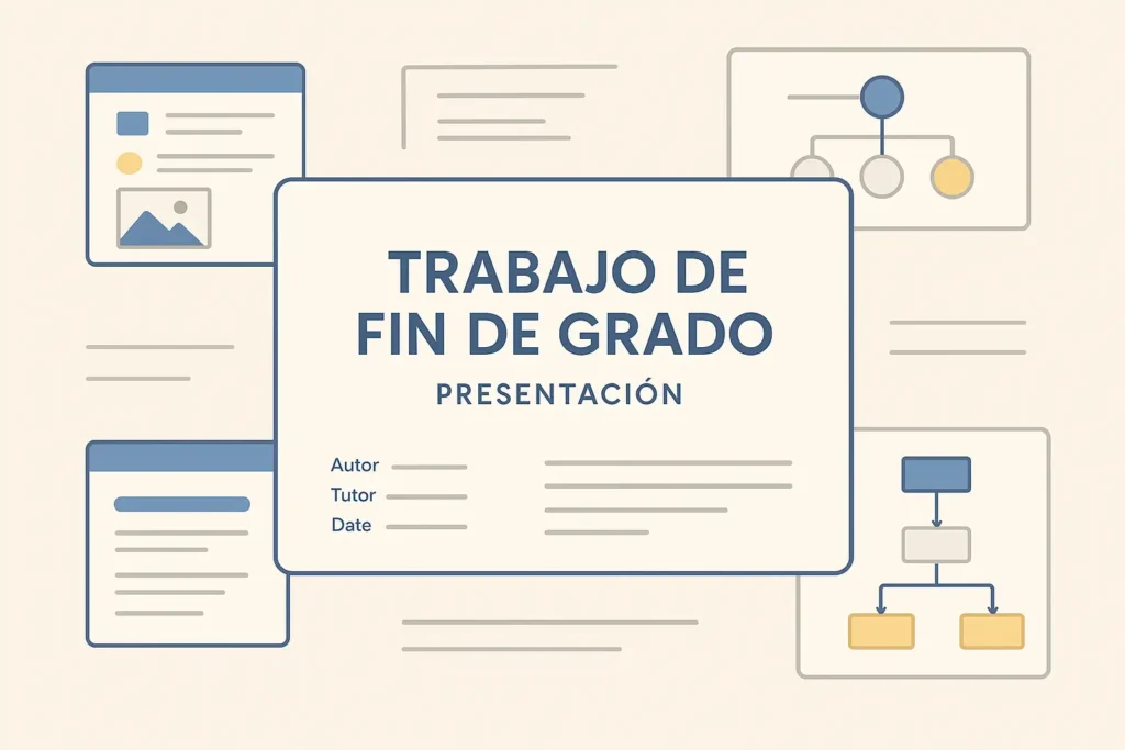 Portada académica en estilo flat para presentación de TFG, con esquema visual limpio y diapositivas organizadas