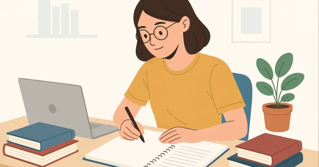 Estudiante de Psicología redactando su tfg de psicologia en un escritorio con libros y ordenador portátil