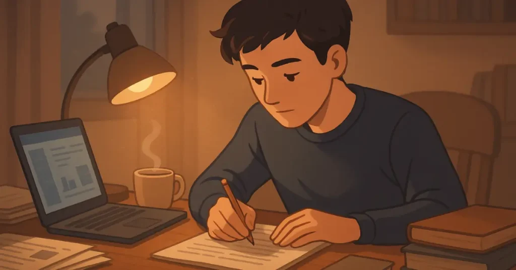 estudiante de ADE redactando su TFG en un ambiente de estudio