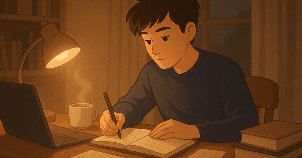 Ilustración de estudiante universitario estudiando y tomando notas para su TFG