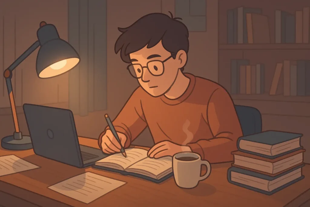 Estudiante universitario estudiando para su TFG de Psicología en un escritorio con portátil, libros y luz cálida.