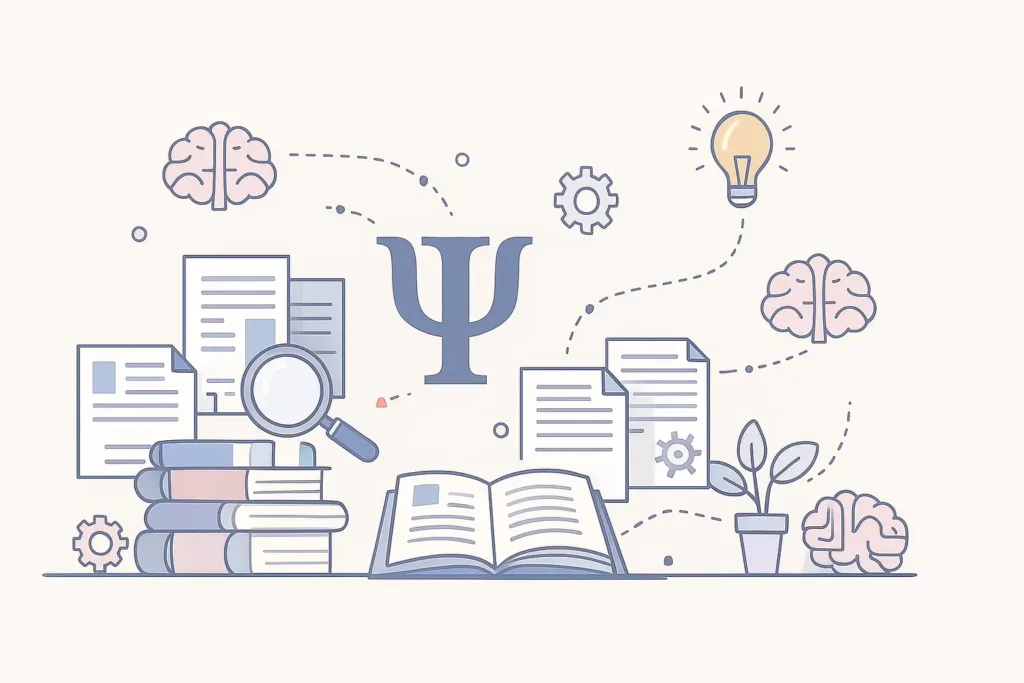 Ilustración académica con símbolos de psicología y elementos de estudio para artículos sobre ideas de TFG en Psicología.