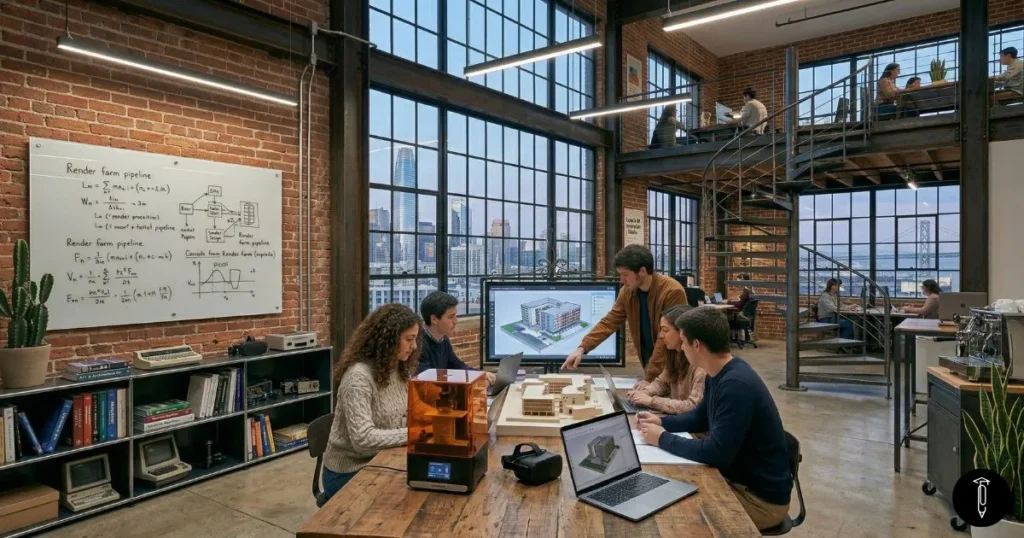 Estudiantes universitarios trabajando en un espacio de estudio moderno de estilo industrial, revisando proyectos en pantallas y maquetas para preparar con éxito la defensa de su trabajo de fin de grado.