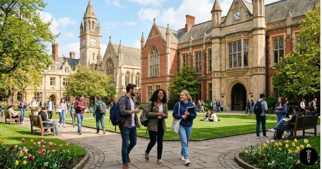 Estudiantes universitarios caminando y conversando en el campus de una facultad de arquitectura clásica con edificios de ladrillo y piedra, que evoca el ambiente académico de las facultades de Derecho en España.