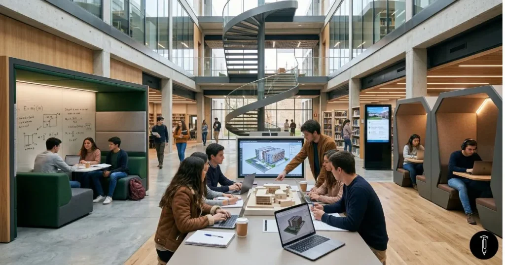 Grupo de estudiantes de arquitectura y diseño colaborando en un espacio moderno con maquetas y pantallas digitales en el campus de una de las mejores universidades de España. Incluye branding de Titulema